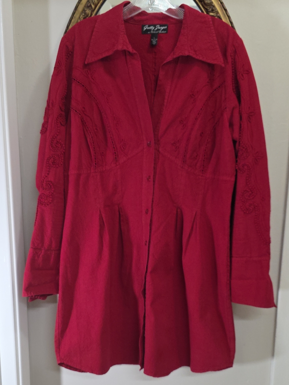Gretty Zueger Midi Dress Vibrant Red Embroidered Button-Front Size L Bohemian
